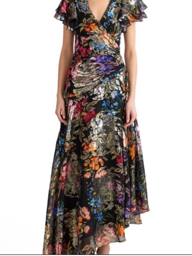 Shoshanna Floral Metallic Faux Wrap Midi Dress